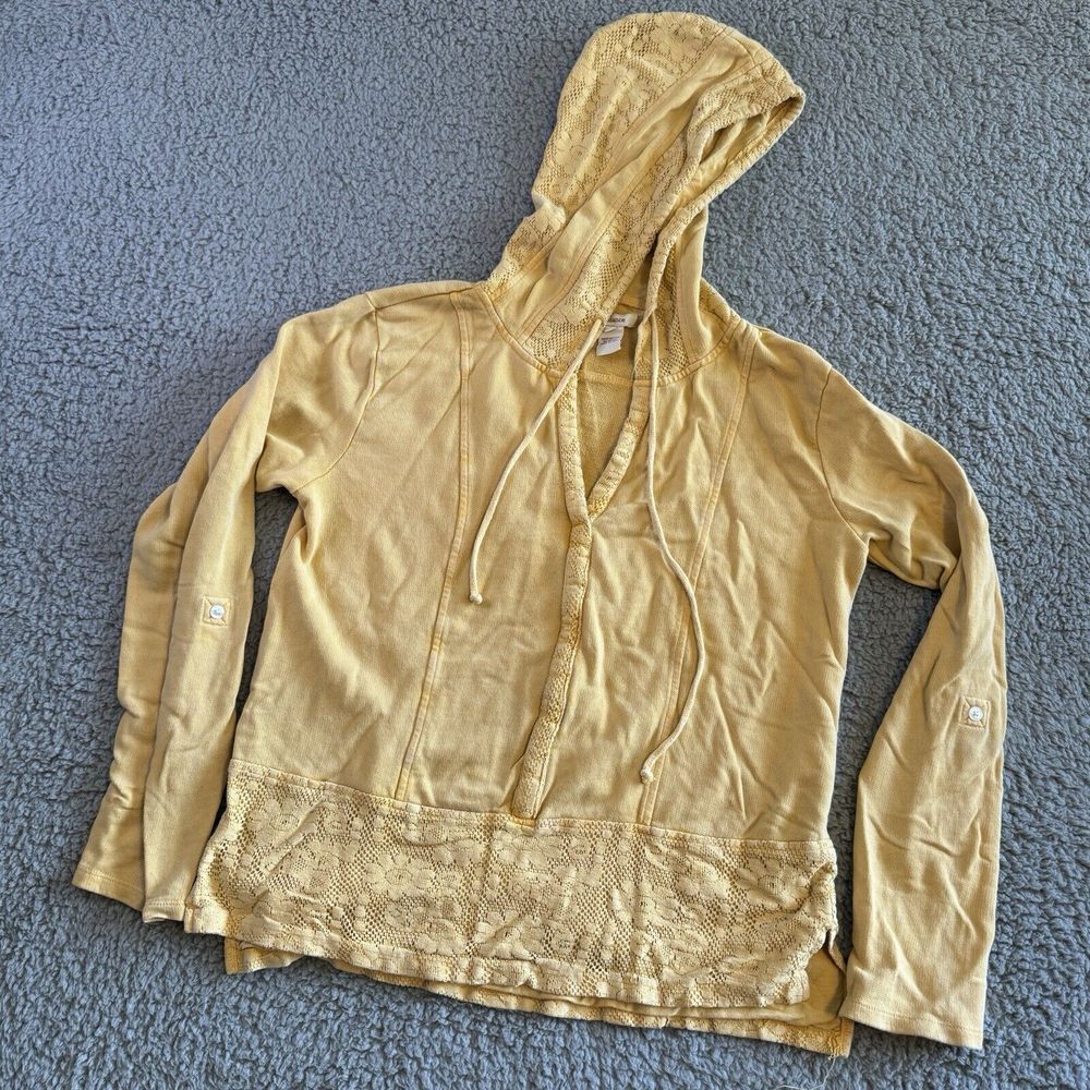 Sundance‎ Women's Hooded Long Sleeve  Sweater Crochet Accents Yellow Size Small